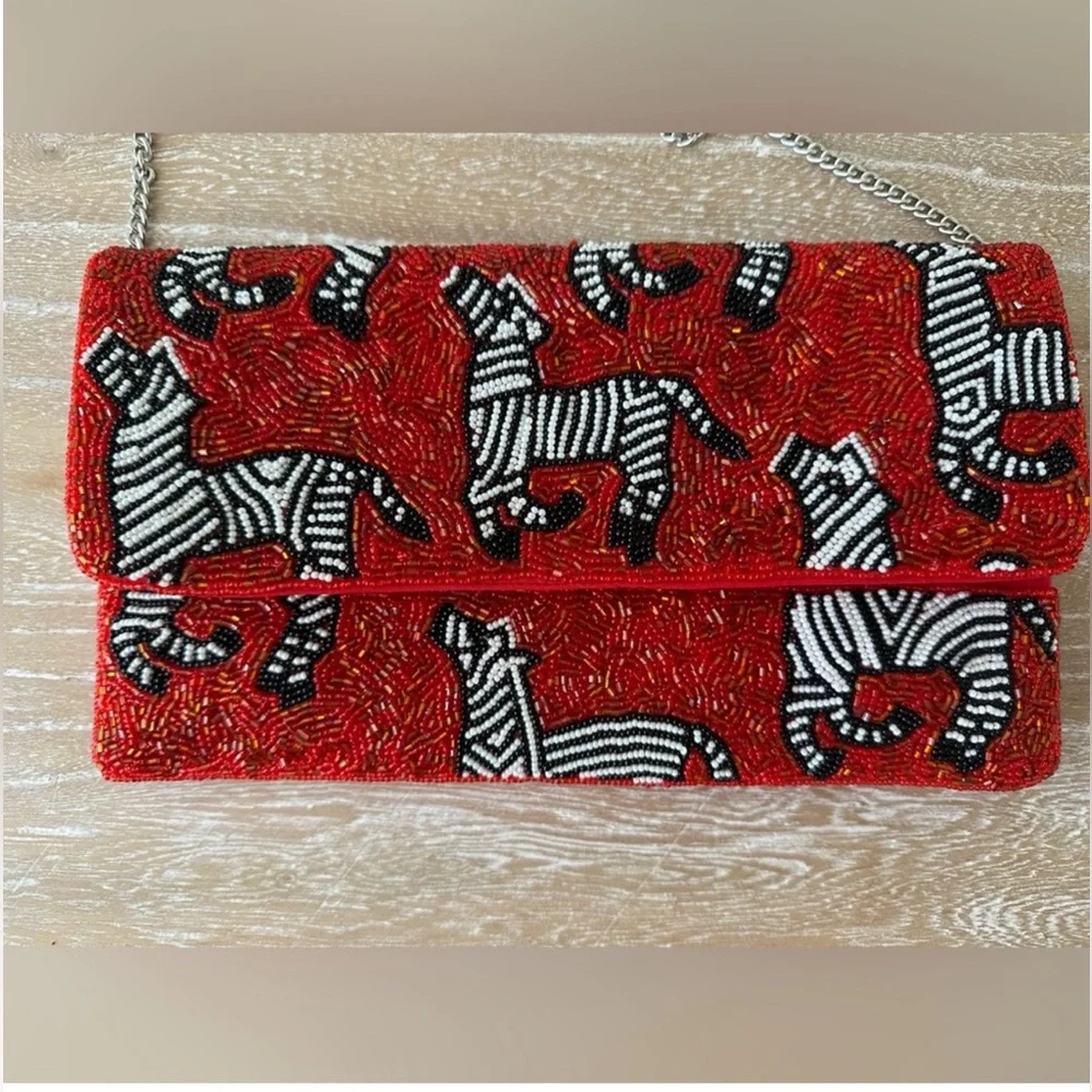 Red Beaded Clutch with Zebra Pattern - Picture 4 of 12